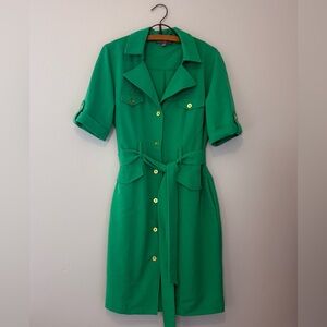 Sharagano Women's sz 8 Green Collared Tab Sleeve  Belted Shirt Dress